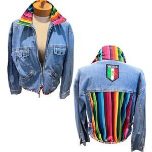 Upcycled Womens Denim Jacket Size Large Mexican Flag Independende Day Original